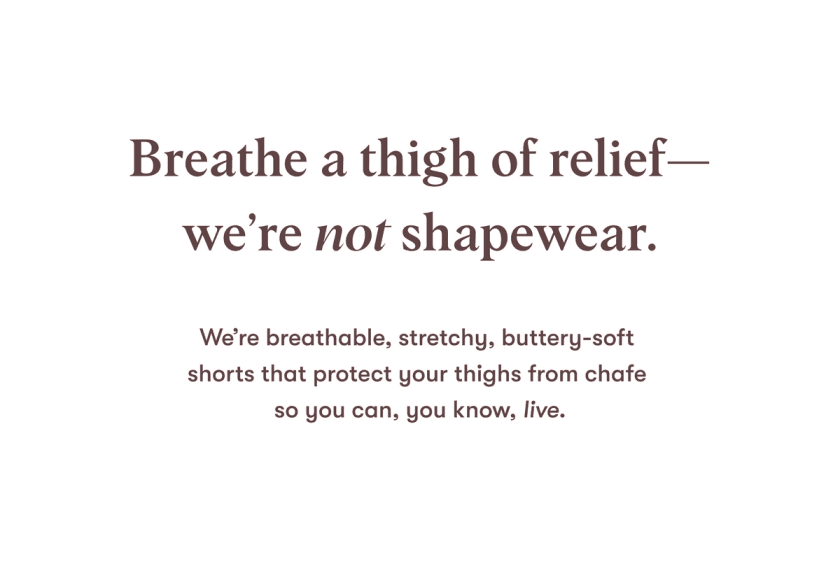 Headline copy reads "breathe a thigh of relief—we're not shapewear"